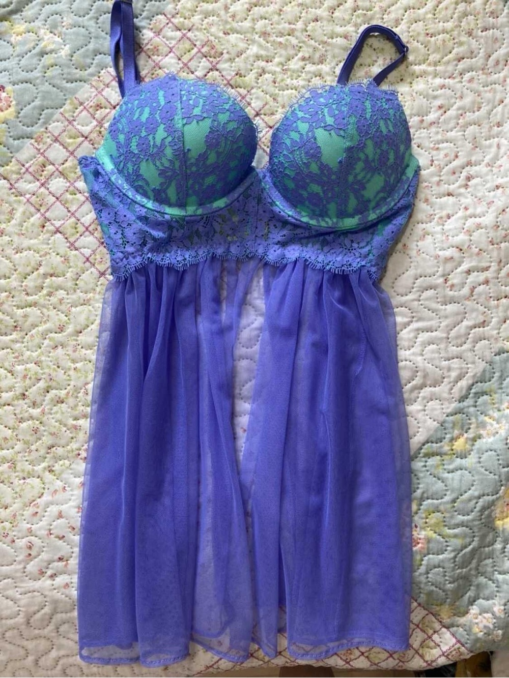 Victoria's Secret Lavender & Teal Lace Babydoll Chemise